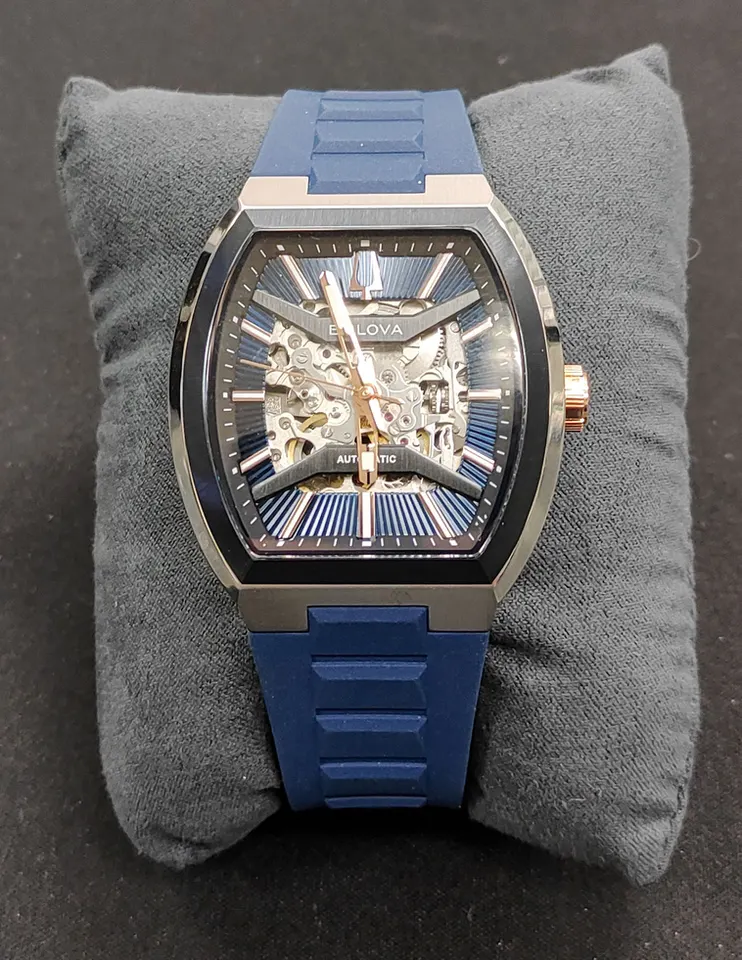Brand new Bulova Maquina blue automatic skeleton watch with box and blue rubber strap