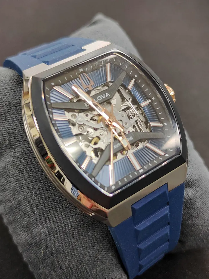 Brand new Bulova Maquina blue automatic skeleton watch with box and blue rubber strap
