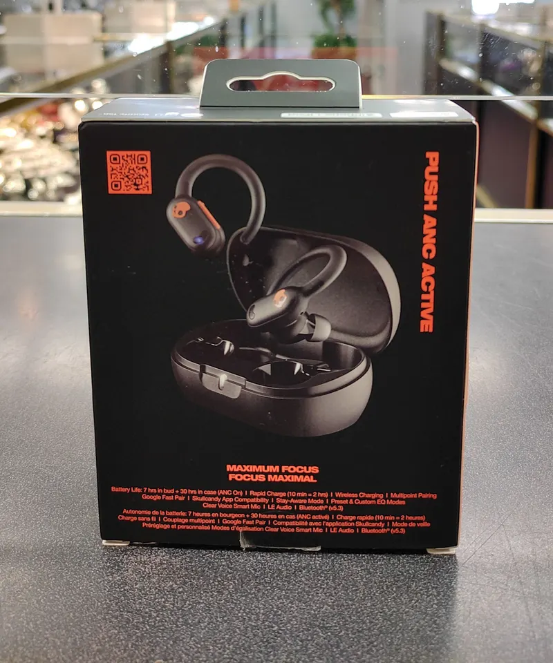 Skullcandy Push ANC Active black and orange wireless earbuds with charging case, accessories and original box