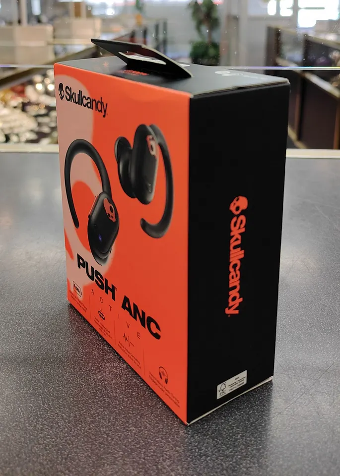 Skullcandy Push ANC Active black and orange wireless earbuds with charging case, accessories and original box