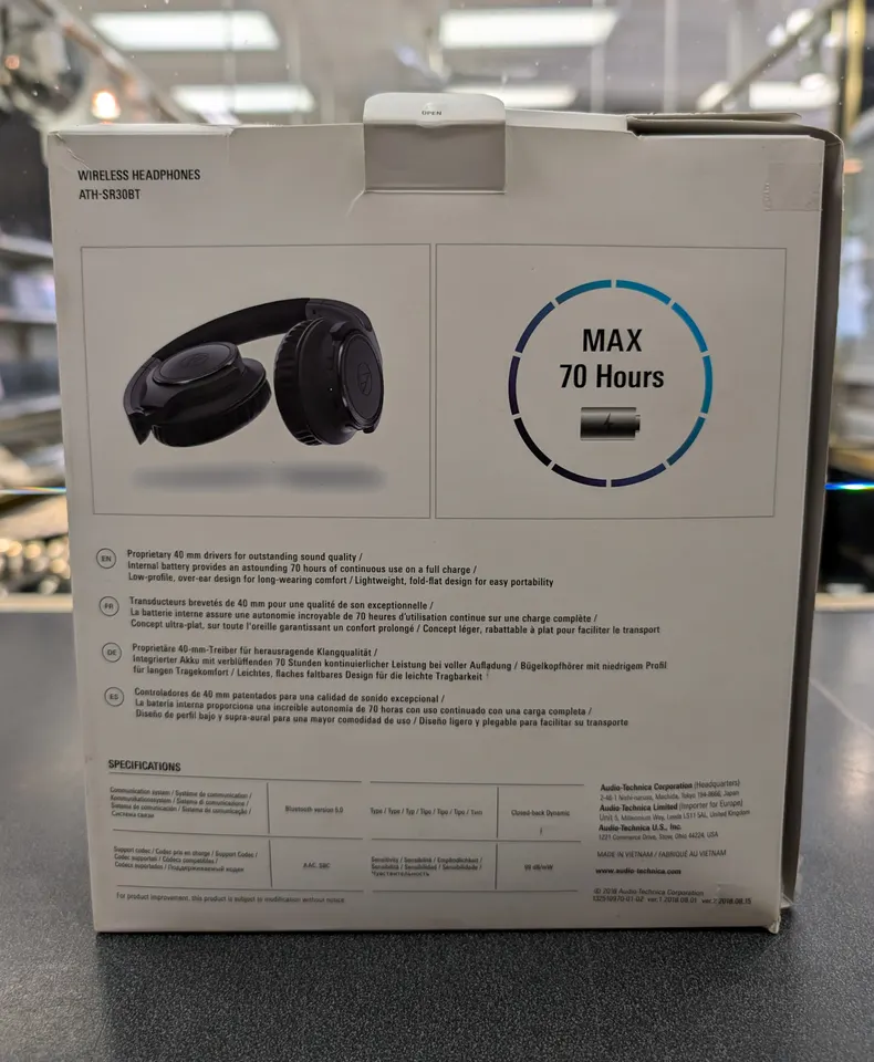 Audio-Technica ATH-SR30BT Bluetooth Headphones Black Open Box 70 Hour Battery