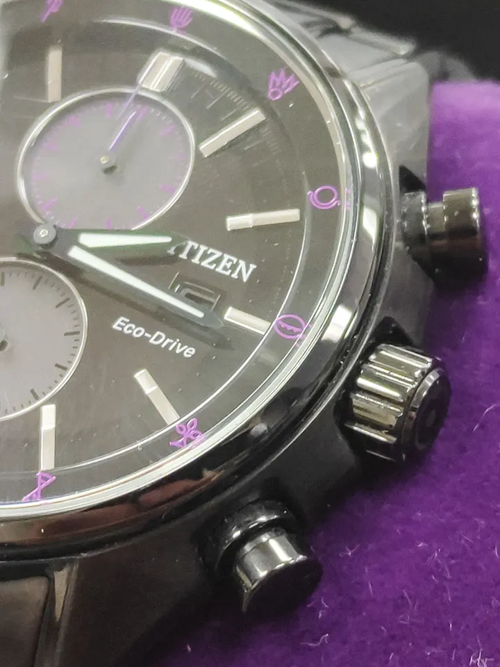 Citizen x Final Fantasy XIV DARKNESS black Eco-Drive chronograph watch with purple dial accents, complete stainless-steel bra