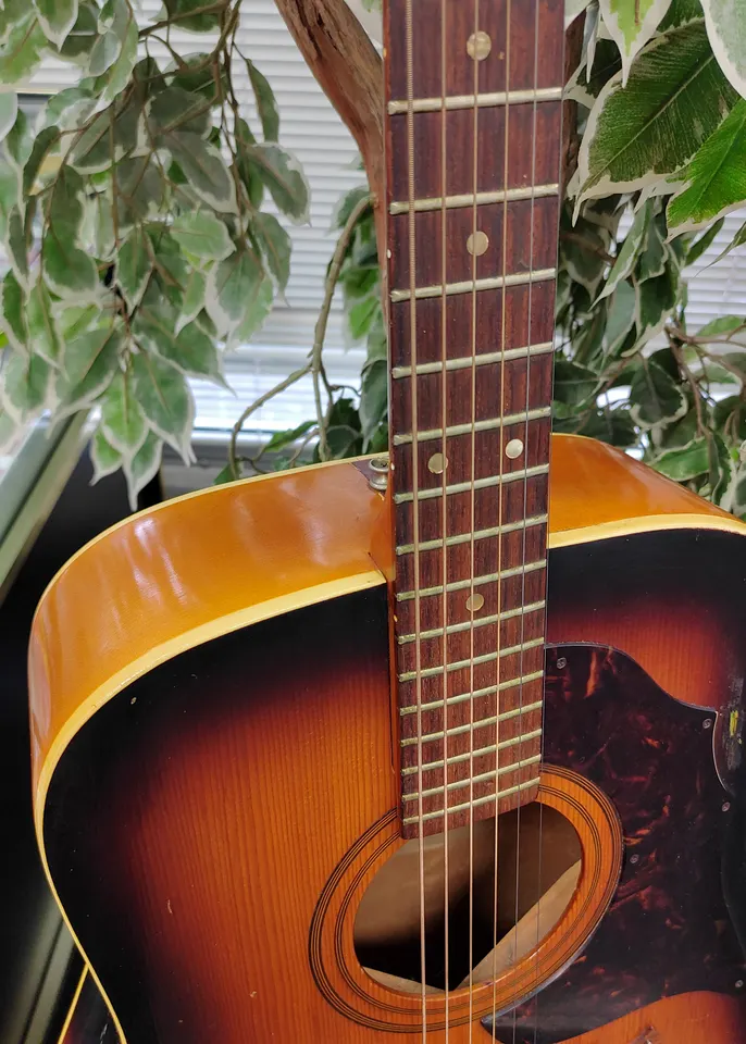Vintage 1969 Framus Texan 5/196 sunburst acoustic guitar made in West Germany, showing front, back, headstock, label, bridge