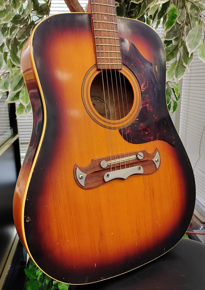 Vintage 1969 Framus Texan 5/196 sunburst acoustic guitar made in West Germany, showing front, back, headstock, label, bridge