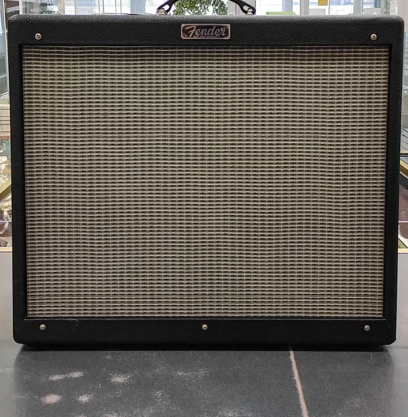 Fender Hot Rod DeVille 212 III 2x12 tube combo amp with footswitch, shown from front, back, control panel, speakers, tubes