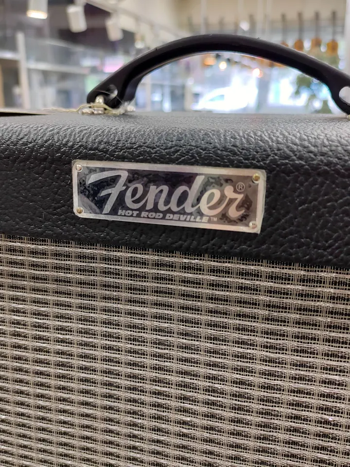 Fender Hot Rod DeVille 212 III 2x12 tube combo amp with footswitch, shown from front, back, control panel, speakers, tubes