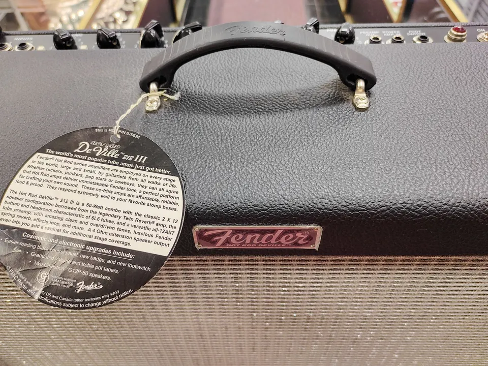Fender Hot Rod DeVille 212 III 2x12 tube combo amp with footswitch, shown from front, back, control panel, speakers, tubes