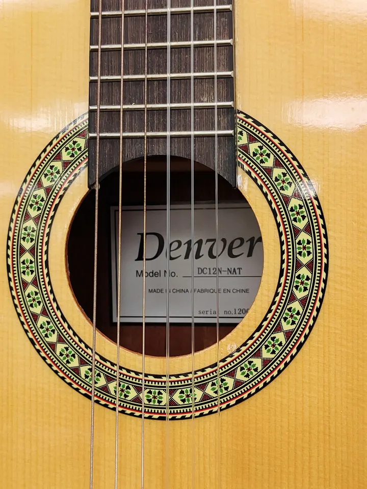 Denver DC12N-NAT 1/2-size natural gloss nylon-string classical acoustic guitar with decorative rosette, slotted headstock