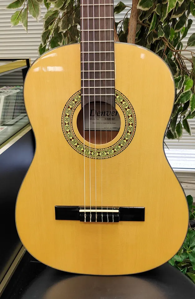 Denver DC44N-NAT natural gloss full-size nylon-string classical acoustic guitar with decorative rosette, slotted headstoc