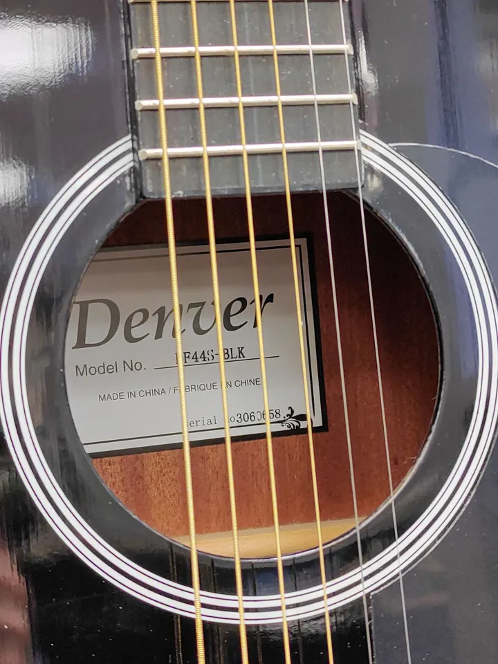 Denver DF44S-BLK black gloss full-size acoustic guitar with chrome tuners, dot inlays, dark bridge, and very minor cosmetic