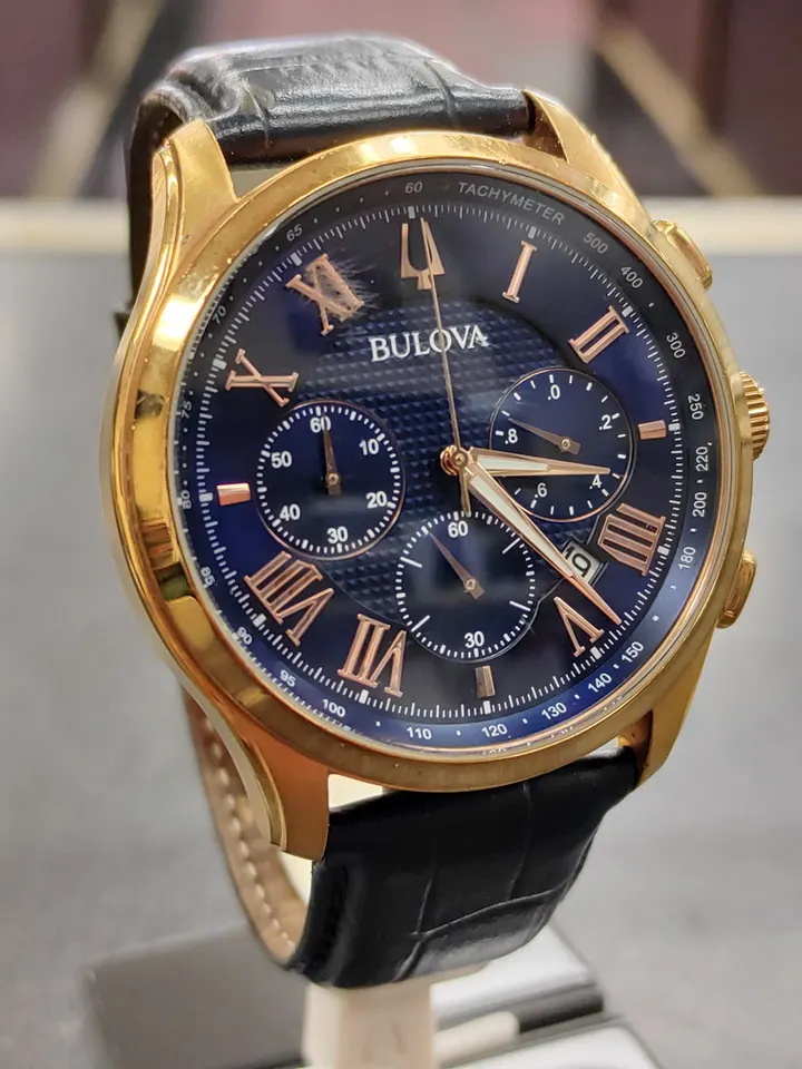 Bulova Wilton men's chronograph with blue dial, rose-gold-tone case and blue leather strap