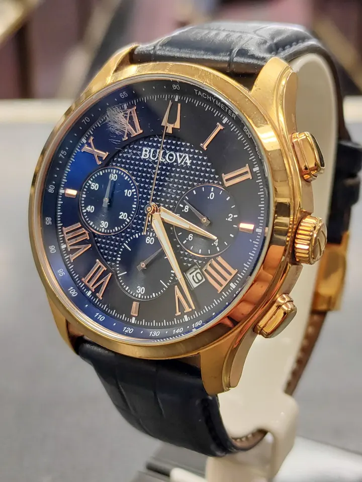 Bulova Wilton men's chronograph with blue dial, rose-gold-tone case and blue leather strap