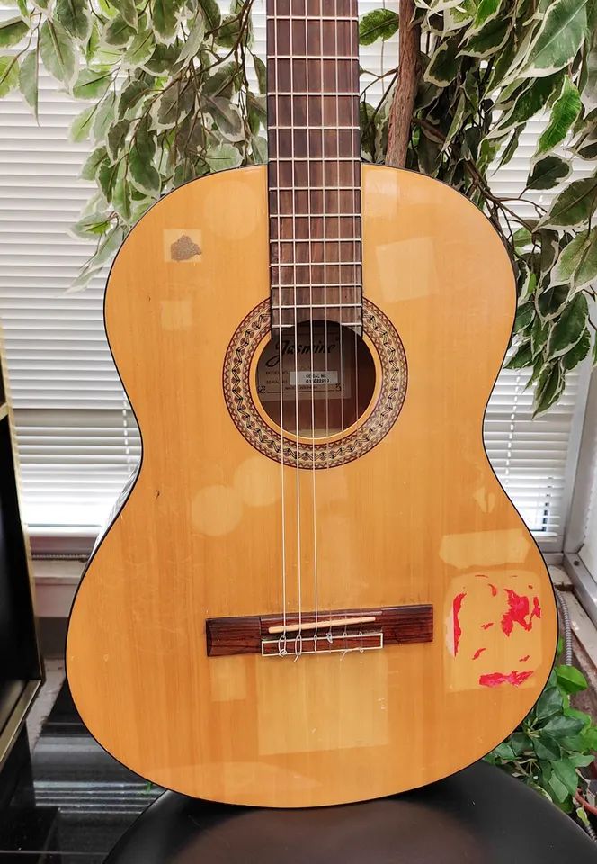 Jasmine JC-25 natural classical nylon-string guitar shown from the front, back, sides, neck, bridge, tuners, and label