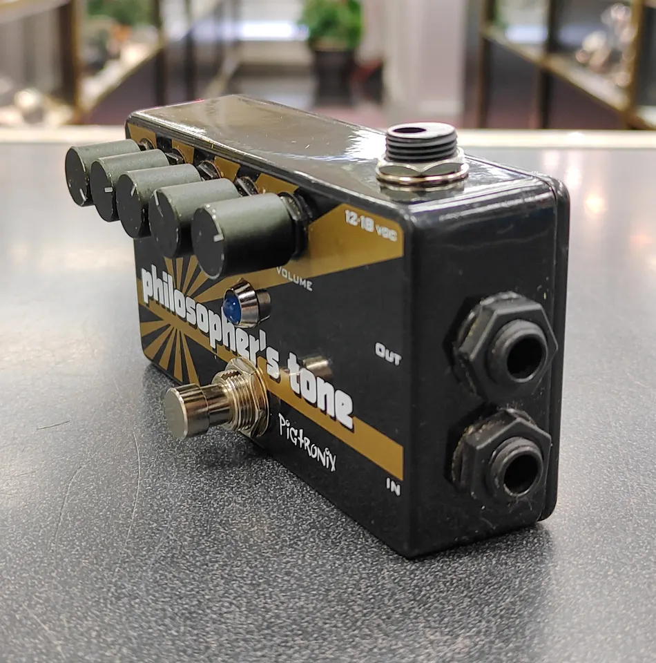 Pigtronix Philosopher’s Tone compressor/sustainer pedal in black and gold finish