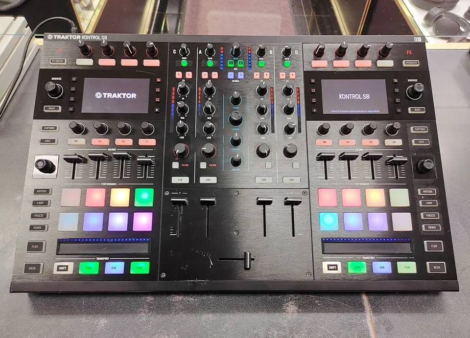 Native Instruments Traktor Kontrol S8 4-channel DJ controller with dual displays and original power adapter, with normal wear