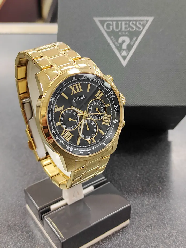GUESS Horizon gold-tone men's chronograph watch with black dial and original box