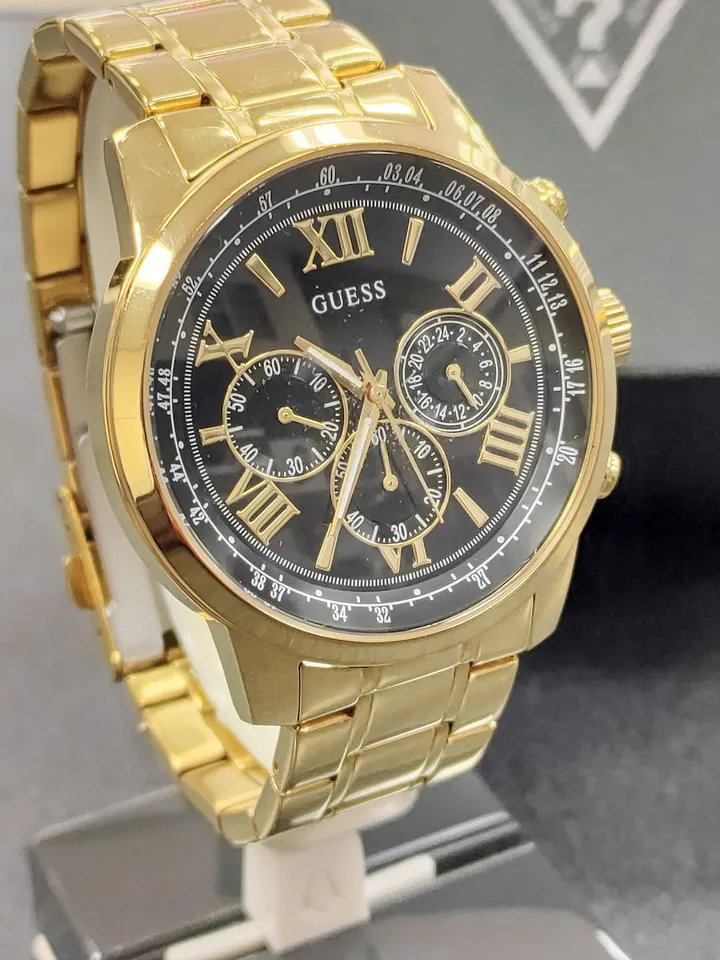 GUESS Horizon gold-tone men's chronograph watch with black dial and original box