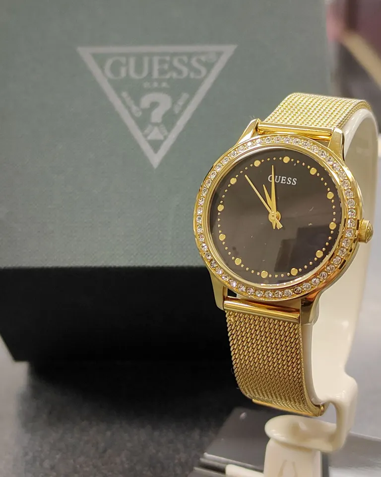 GUESS Chelsea women's gold-tone watch with black dial, crystal bezel and mesh bracelet