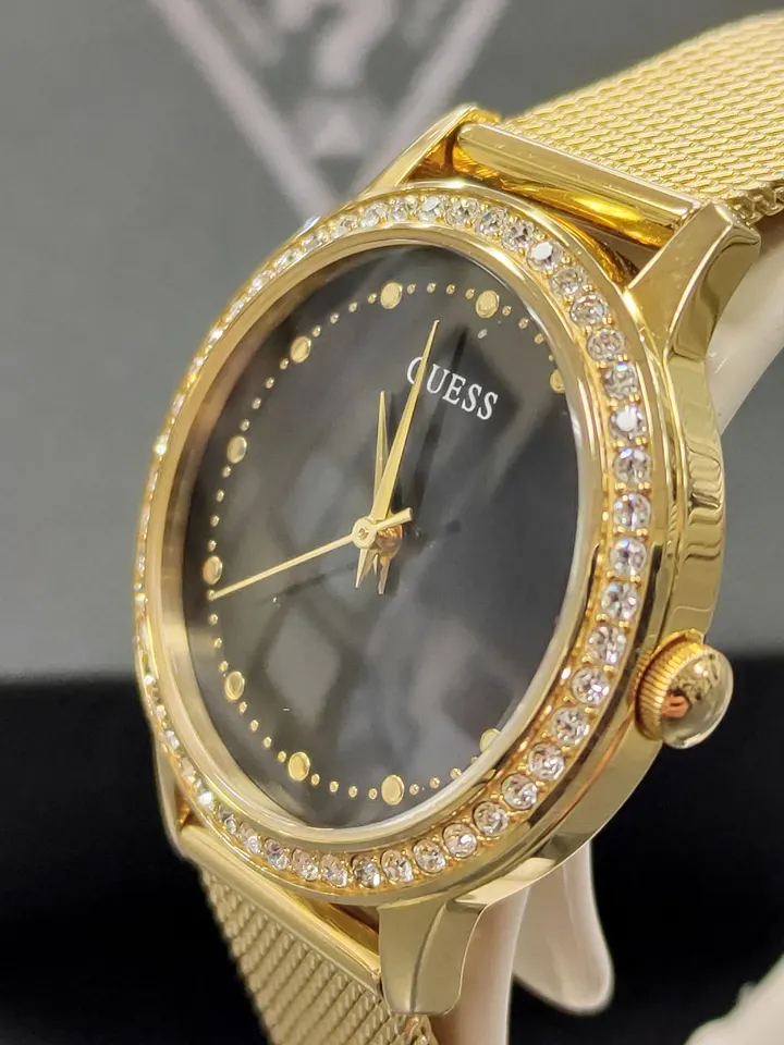 GUESS Chelsea women's gold-tone watch with black dial, crystal bezel and mesh bracelet