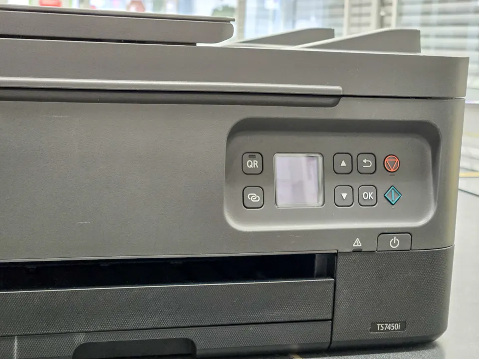 Canon PIXMA TS7450i wireless all-in-one printer shown from the front and open scanner/ADF area