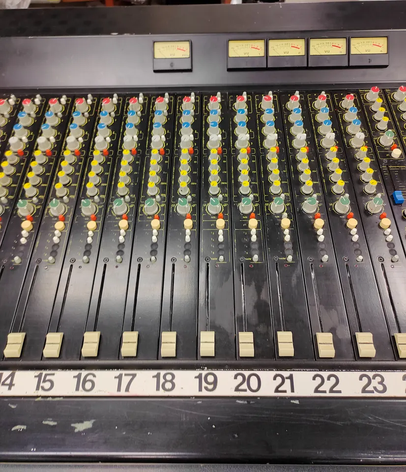 Hill Audio B Series 3 vintage 24-channel analog mixing console with VU meter bridge, wood side panels, rear-panel I/O, case