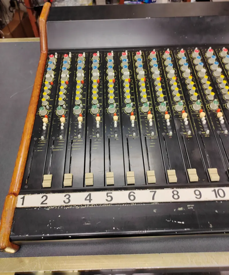 Hill Audio B Series 3 vintage 24-channel analog mixing console with VU meter bridge, wood side panels, rear-panel I/O, case